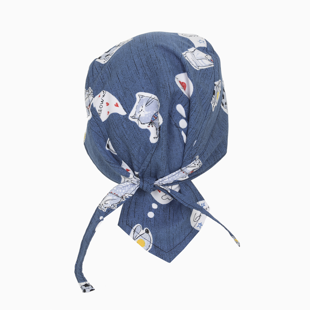parte-de-trás-bandana-saúde-estampado-desenho-cães-e-gatos-fundo-azul-denim-referência-palermo