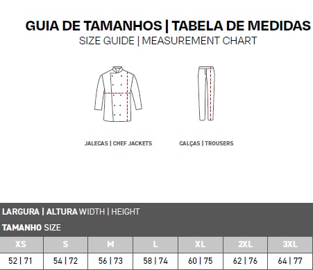 Tamanhos Jaleca Sena