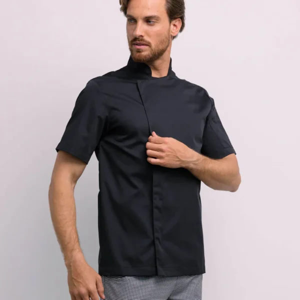 Jaleca unissexo Sado preta com molas invisíveis e manga curta