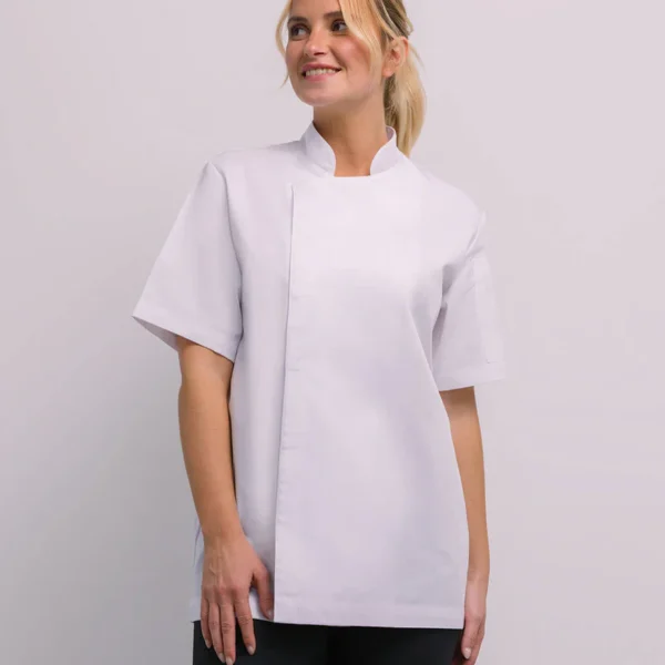 Jaleca unissexo Sado branca de manga curta com molas invisíveis