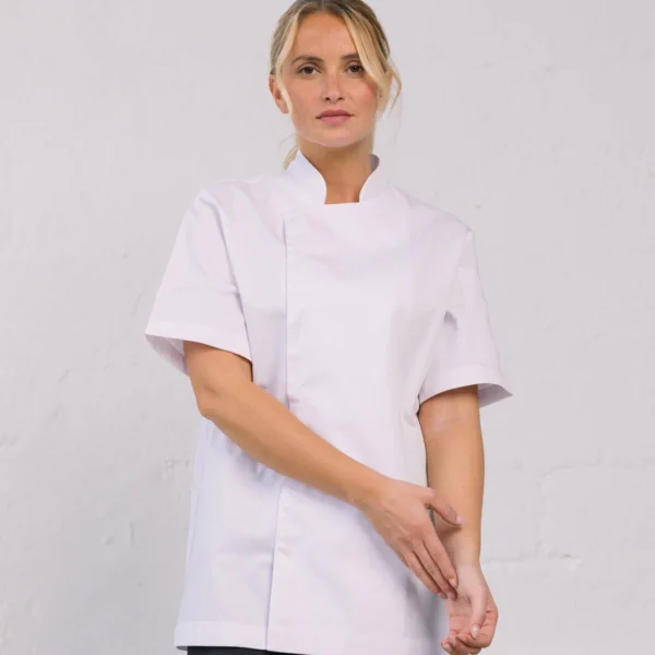 Jaleca unissexo Sado branca de manga curta com molas invisíveis